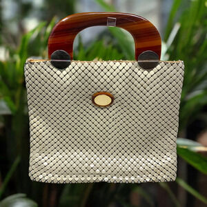 Vintage Whiting & Davis Tortoiseshell Top Handle Ecru Metal Mesh Tote Bag Purse